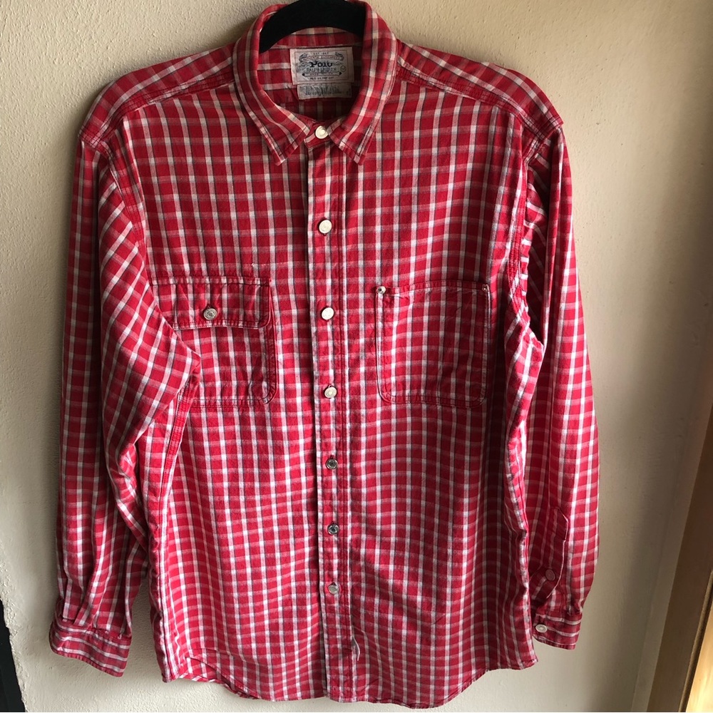 Vintage 80's Polo Ralph Lauren Authentic Dungarees Red Plaid Shirt. Size Medium